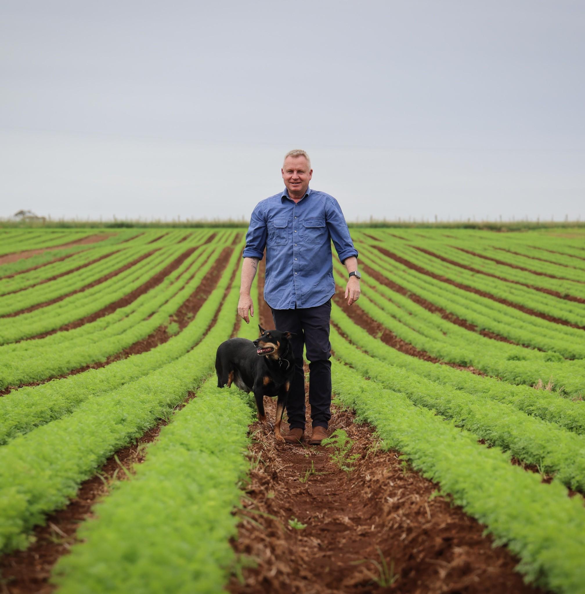 Premier Jeremy Rockliff with his dog Jack at his farm field growing peas