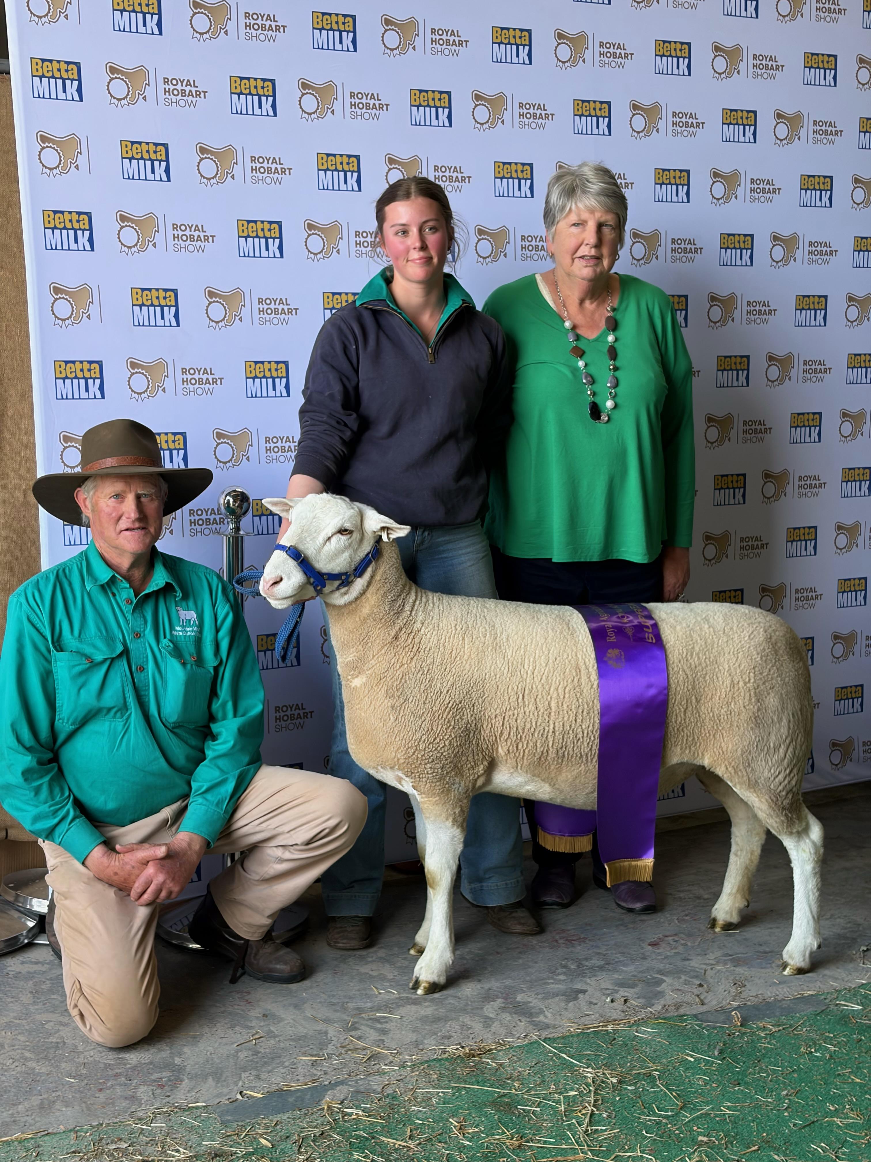 Maurice, Imogen and Christine Baldock with the Hobart Show sheep section Supreme exhibit of Show