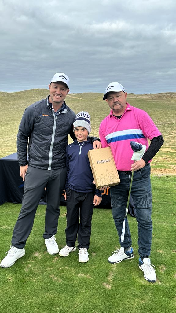 ir Adventures Golf general manager Jon Perrett, left, with young golf sensation Zac Wolfe and overall title  winner Matt Cullen.