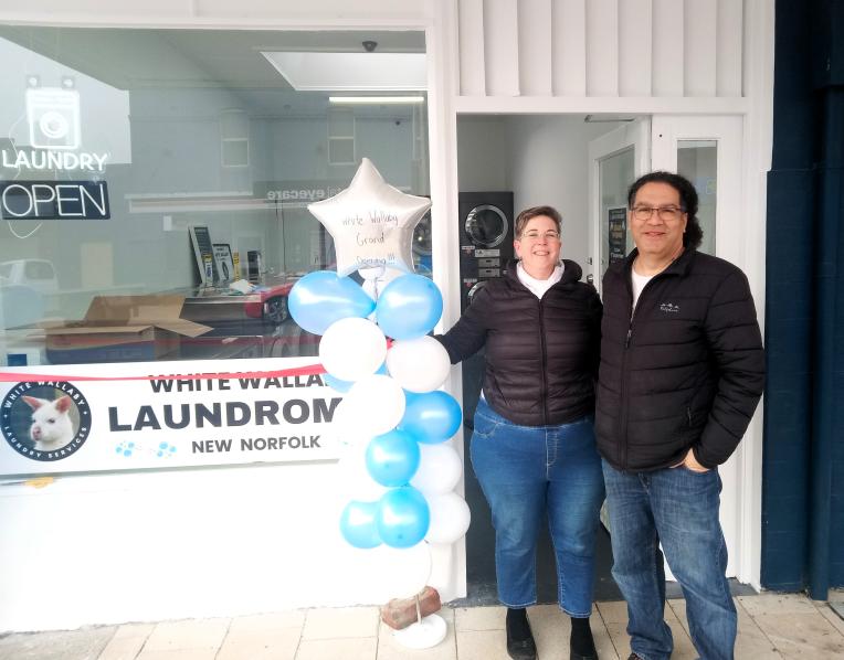 Ngaire Melhop and Shemi Rubin of White Wallaby Laundry Services prior to their grand opening of the new Laundromat last Saturday morning
