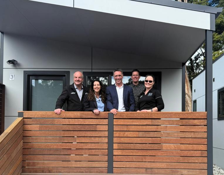 Liberal Lyons MHA Mark Shelton, Tourism Minister Jane Howlett and Destination Southern Tasmania CEO Alex Heroys with Mt Field Retreat owners Greg and Rachel Power