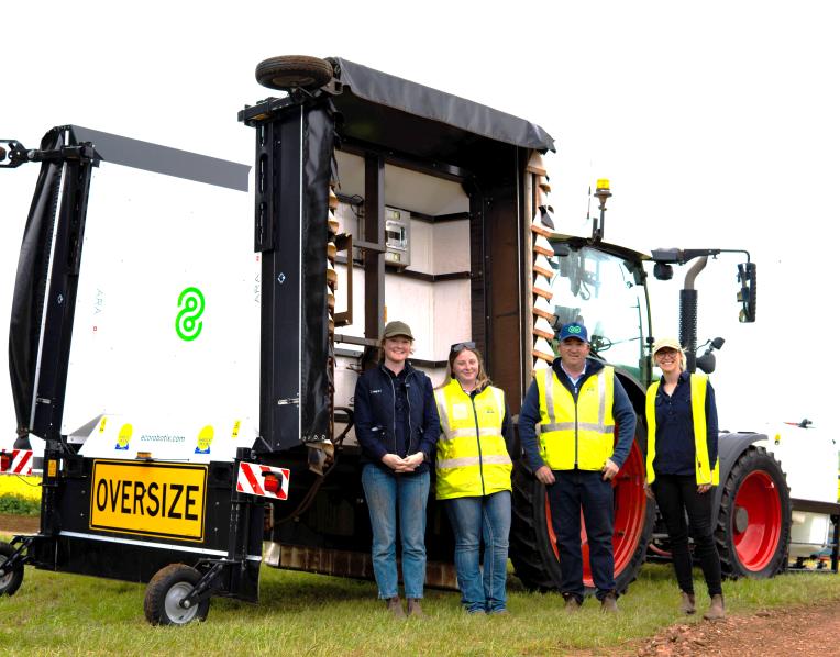 Prue Rothwell of VegNet, Harvest Moon machine operator Ruby Kelly, Harvest Moon chief agriculture officer Jono Craven and Taylor Field of Vegnet with the Ecorobotix ARA precision sprayer. 