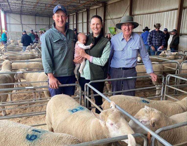 Bramwell Heazelwood at the Melton Vale ram sale with his son Ritchie, daughter in-law Chloe and granddaughter Pippa, three months.  