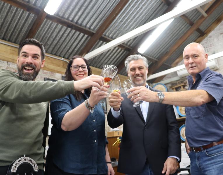 Derwent Distillery co-owner Robbie Gilligan, Tasmanian Whisky & Spirts Association President Kristy Lark, Lark Distiller head of hospitatlity Dan Knight and Spring Bay Distillery founder Cam Brett