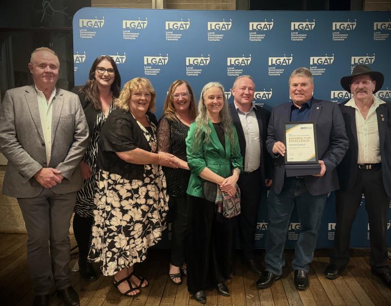 Councillor Steve McQueeney, Kirsty Grice, Sandra Woods, Tanya Dalton, Councillor Angela Knott, General Manager Blake Repine, Mayor Rod Macdonald, LGAT President Mayor Mick Tucker
