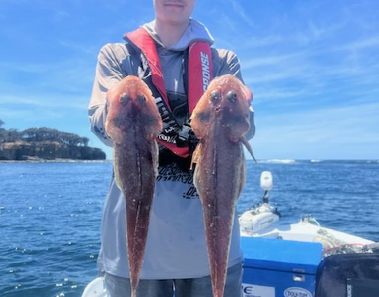 Ewan Dillon with two nice flathead he caught recently from Pirates Bay