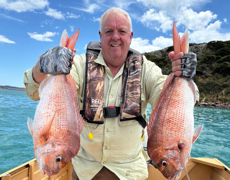 Peter Simmons with two great Snapper he caught recently at Tomahawk in NE Tasmania