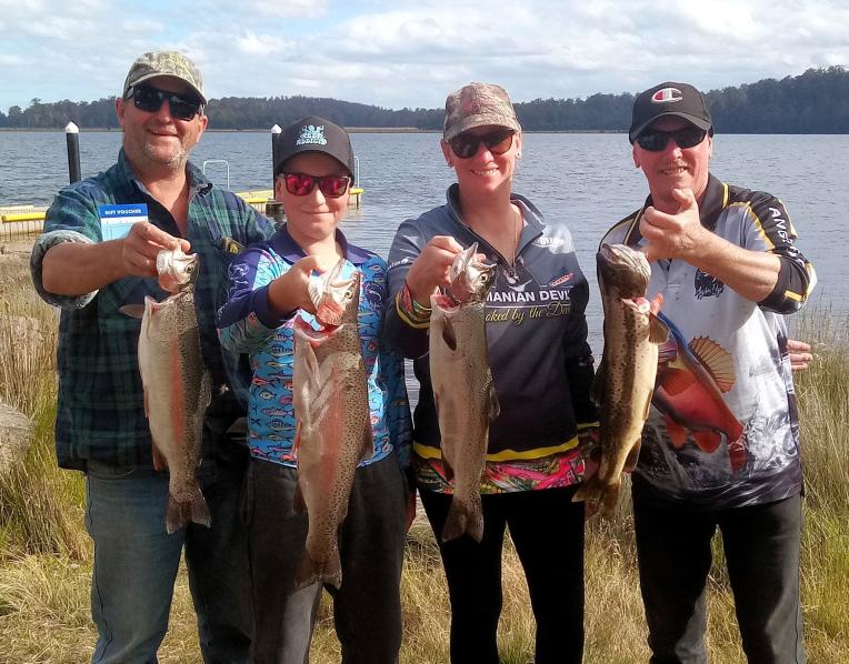NNLAA members Adrian and Jayden Slater, Kirsty Chalmers and Paul McKenzie with their catches from last weekend's trout fishing competition held at Bronte Lagoon.