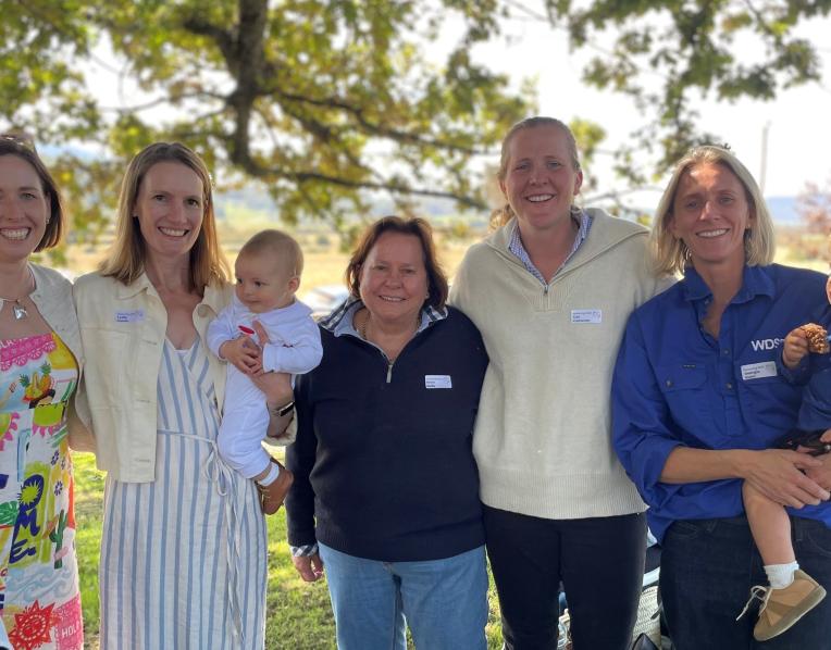 Amanda Bond, Cressy, Lydia Colvin, Noswick, with five month-old Charles, host Helen Baille, Cec Cameron and   Georgie Gunn with Kit Gunn, 2, of Wesley Dale.