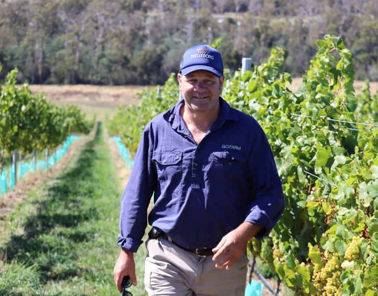 GO.FARM Tasmania general manager Allan Barr at the newly established Beaconsfield vineyard that will produce its first vintage this season.