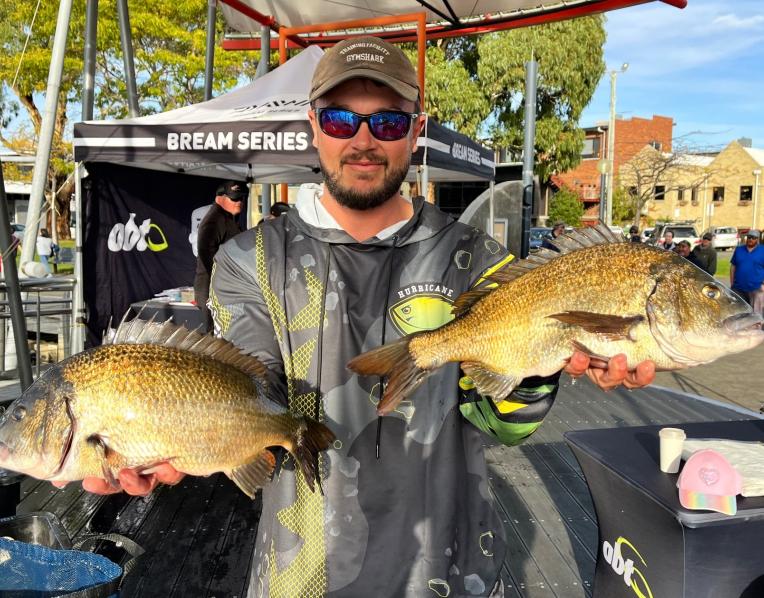 Isaac Harris ,winner of round 4 in the 2026 Daiwa BREAM Series in the boater division held on the Derwent River last weekend with some of his catch. Pic courtesy of Australian Bass Tournaments (ABT)