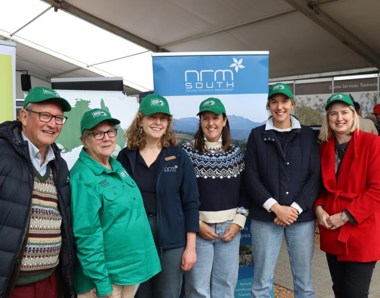 NRM South Chair Bob Rutherford, Carolyn Cameron from Sheep Producers Australia, Green Sheep Project Tasmania lead Janneke Scheeres, Anna Cotton, Rosie Downie and Julie Collins.