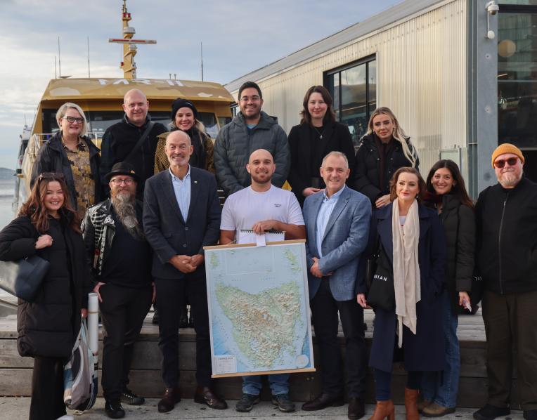 Guy Barnett, Marcus Vermey and Wine Tasmania CEO Shree Davies with the wine delegation.