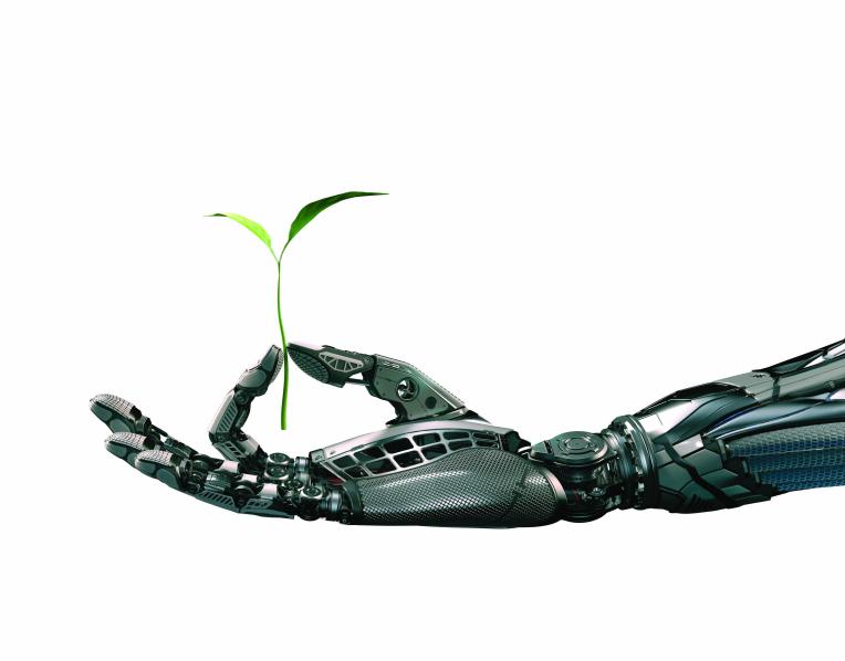 A robotic hand with a plant
