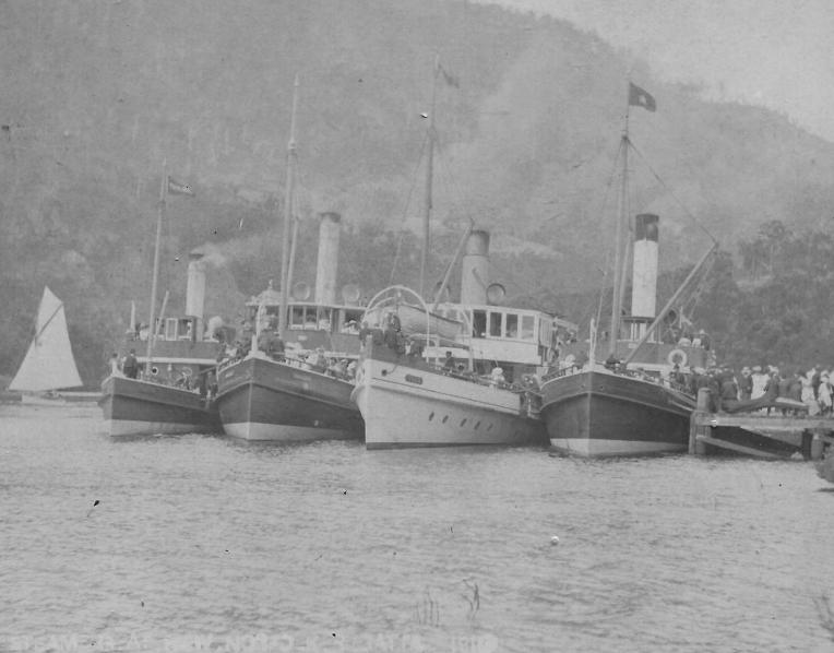 Steamers lined up at the jetty for the 1910 New Norfolk Regatta