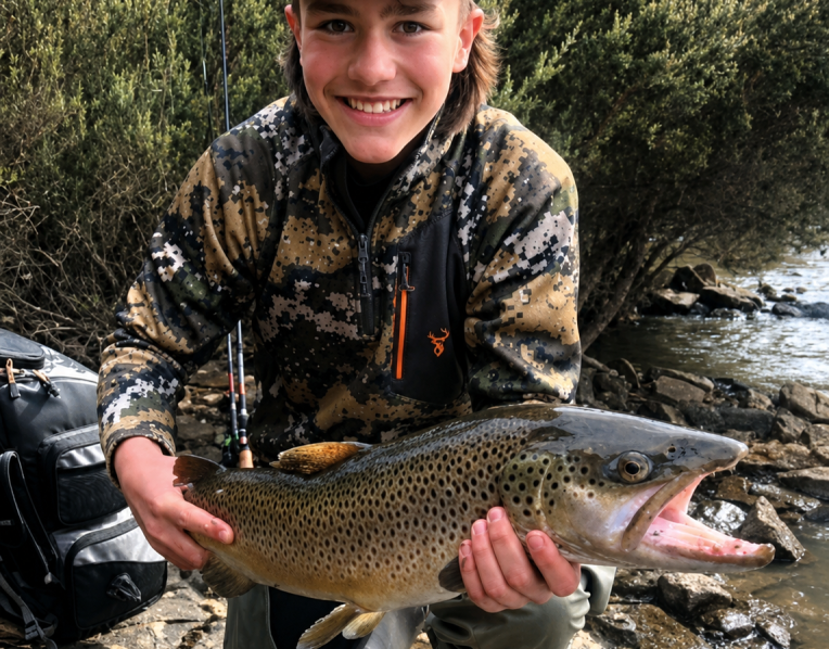 Nate Hepburn with a solid Brown Trout he caught from Lake Crescent last season.