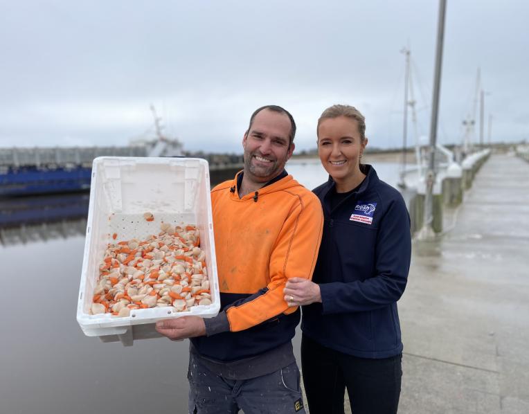 Superfresh Seafoods managers Jacob and Alanna Stanford with some of the first scallops of the season ahead of Bridport’s popular Tassie Scallop Fiesta.