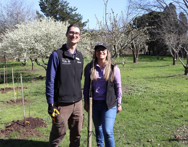 Dr Justin Cappadonna and Dr Leticia Reis during planting of heritage apple trees at 50 Trees Heritage Orchard at Newnham[