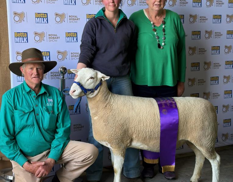 Maurice, Imogen and Christine Baldock with the Hobart Show sheep section Supreme exhibit of Show