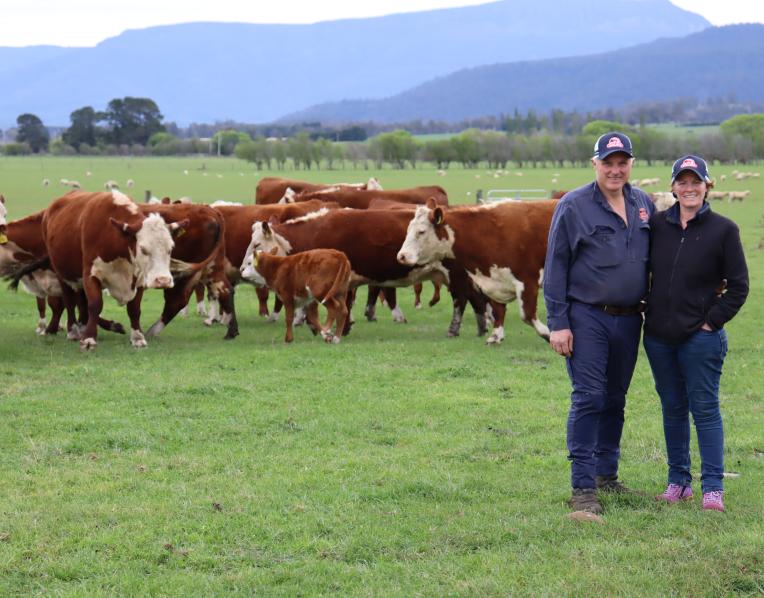 Andrew and Caroline McLauchlan on Valma Downs at Whitemore with their record-breaking Poll Hereford bull Stand Alone.