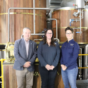 Tasmanian Whisky and Spirits Association Vice President Damian Mackey and President Kristy Lark-Booth with Sullivans Cove Distillery manager Heather Tillott at the launch of Tasmanian Whisky Week