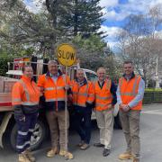 Lauren Hodgeman from Traffic Dynamix, Transport Minister Kerry Vincent, Civil Contractors CEO Andrew Winch, Liberal Clark MP Marcus Vermey and Traffic Management Association Chair Peter Dixon