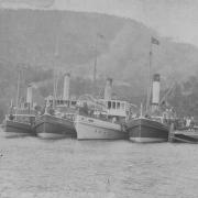 The steamers lined up at the jetty for the 1910 New Norfolk Regatta