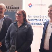 Trade Minister Guy Barnett, Tasmanian Spirits & Whisky Association President Kristy Lark-Booth and Australia China Business Council Tasmania chief executive David Morris