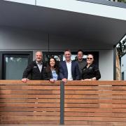 Liberal Lyons MHA Mark Shelton, Tourism Minister Jane Howlett and Destination Southern Tasmania CEO Alex Heroys with Mt Field Retreat owners Greg and Rachel Power