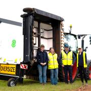 Prue Rothwell of VegNet, Harvest Moon machine operator Ruby Kelly, Harvest Moon chief agriculture officer Jono Craven and Taylor Field of Vegnet with the Ecorobotix ARA precision sprayer. 
