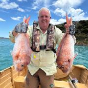 Peter Simmons with two great Snapper he caught recently at Tomahawk in NE Tasmania