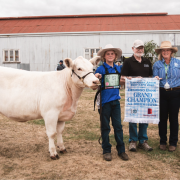 Tas Junior Beef Expo Grand Champion All-Breeds heifer Royston Quantum’s Rosary V55 with handler Rorey Smith, Andrew Johnstone & Rebecca Woodiwiss.
