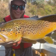 Ewan Dillon with a solid male brown trout he caught and released from Meadowbank Lake recently.