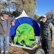 Justin Burbury from York Plains talks to Colin Targett of Van Diemen’s Land irrigation about the hard hose irrigator with Van Diemens Land Irrigation consultant Colin Targett.