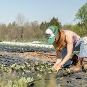 a woman planting seeds on a farm.