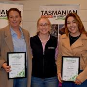 2026 MORP scholarship winners Elizabeth Cooper and Olivia Cripps with TWIA scholarshiop officer Caitlin Johnston (centre)