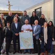 Guy Barnett, Marcus Vermey and Wine Tasmania CEO Shree Davies with the wine delegation.