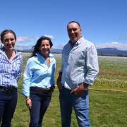 Nina Gibson (left) with Primary Industries and Water Minister Howlett at the official opening of the Greater Meander Irrigation Scheme on Gibson’s farm with Farm owner Greg Gibson