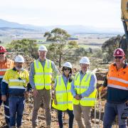 Pictured L-R: Jason Rak, HSE Manager, Hazell Bros, Timothy Denney, Construction Supervisor, Tasmanian Irrigation, Jacob Gerke, General Manager Project Delivery, Tasmanian Irrigation, Minister for Primary Industries and Water Jane Howlett, CEO Tasmanian Irrigation Michael Sylvester, Eugene Bezuidenhout, Large Pipelines Supervisor, Hazell Bros.