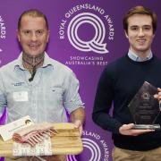 Grand Champion Branded Lamb of Show winner David Pickworth from Royal Wholesale Meats with Australia's best lamb and Grand Champion Branded Beef of Show winner Hugo Miller from Paradigm Foods with Australia's best steak