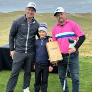 ir Adventures Golf general manager Jon Perrett, left, with young golf sensation Zac Wolfe and overall title  winner Matt Cullen.